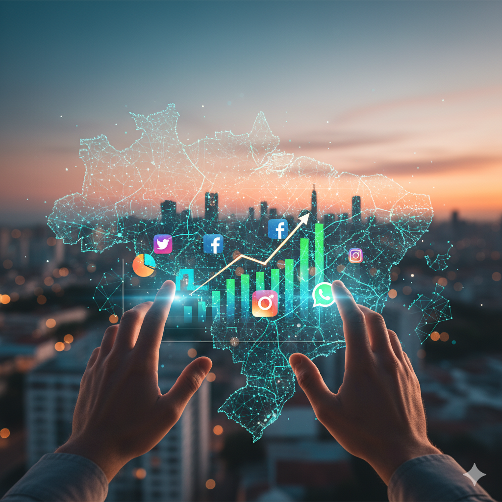 Ilustração futurista conectando o horizonte de Campinas a gráficos de crescimento digital, representando as estratégias da agência de marketing digital Meme Digital