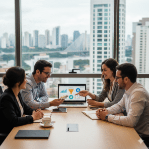 Equipe de agência de marketing digital para PMEs em SP em reunião de estratégia, analisando gráficos com o horizonte de São Paulo ao fundo.