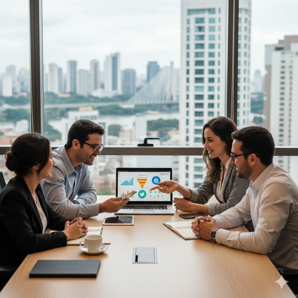 Equipe de agência de marketing digital para PMEs em SP em reunião de estratégia, analisando gráficos com o horizonte de São Paulo ao fundo.