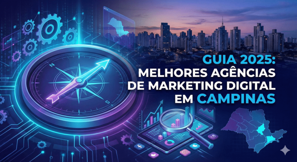Ilustração digital estilo 'tech' mostrando uma bússola apontando para o skyline da cidade de Campinas e um mapa do estado de São Paulo. O texto principal em destaque na imagem diz: "GUIA 2025: MELHORES AGÊNCIAS DE MARKETING DIGITAL EM CAMPINAS". Abaixo, ícones de gráficos, dados e uma lupa simbolizam análise e performance.