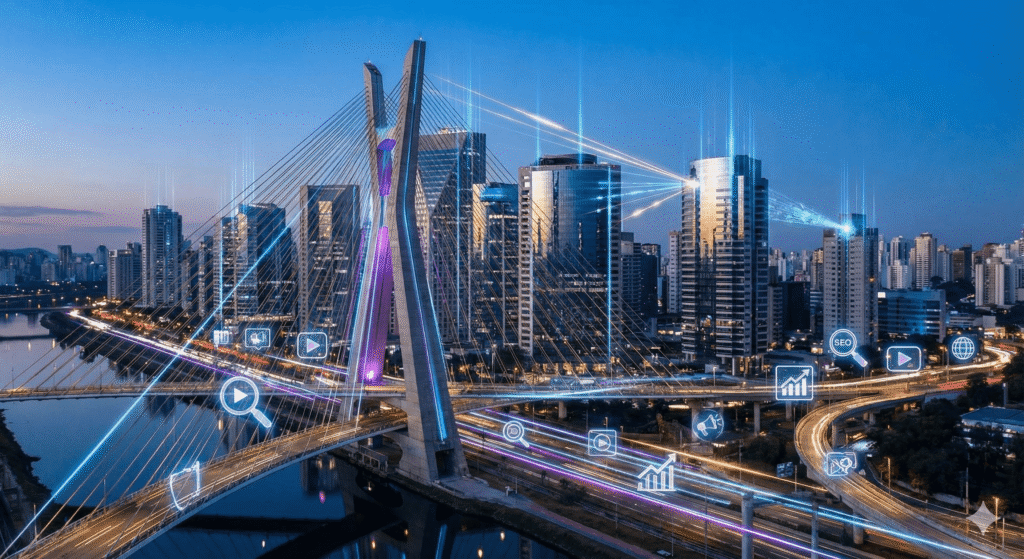 Vista noturna do skyline de São Paulo com a Ponte Estaiada, sobreposta por gráficos digitais brilhantes em azul e roxo do popst melhores agências de marketing digital em são paulo