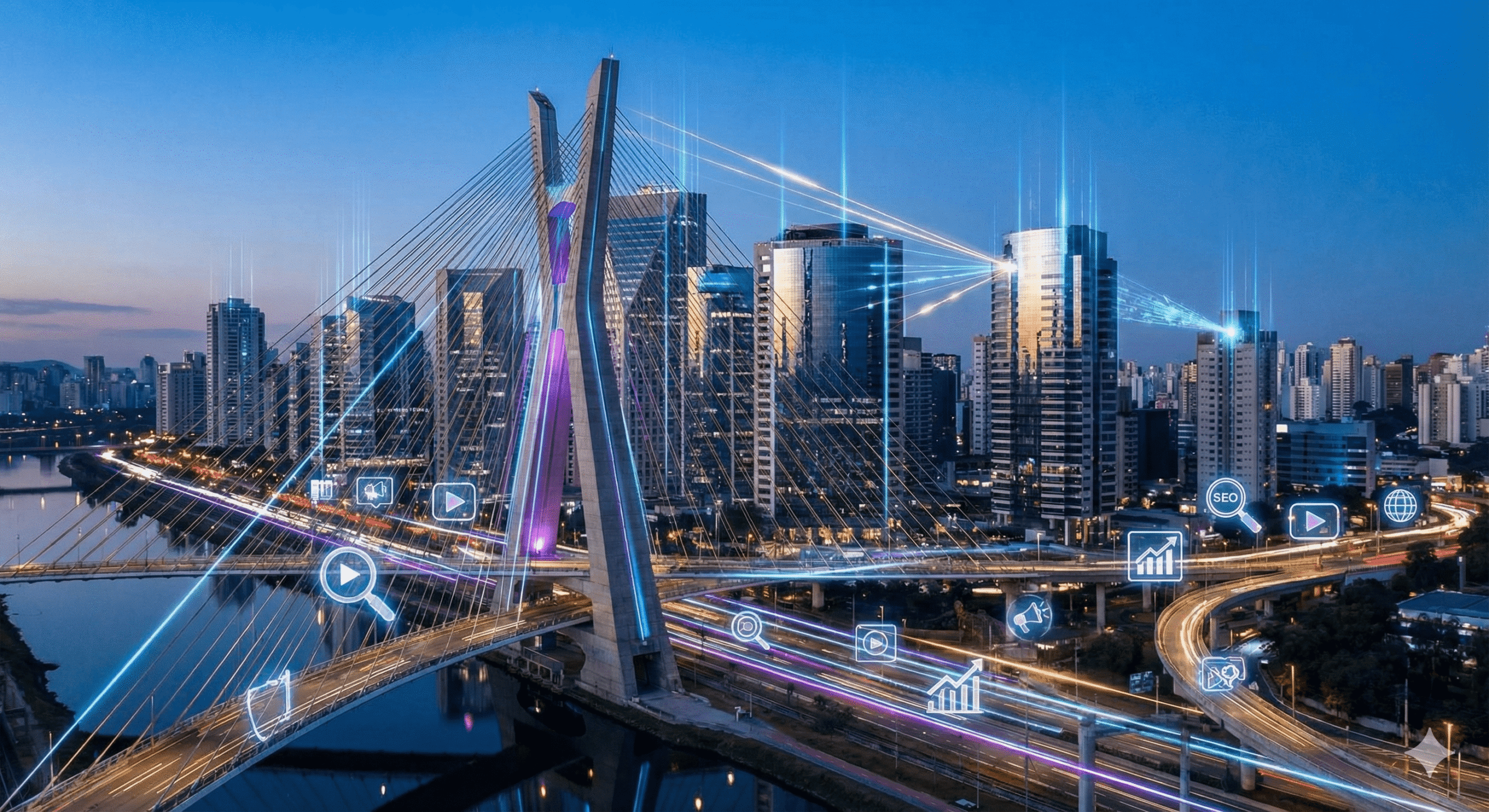 Vista noturna do skyline de São Paulo com a Ponte Estaiada, sobreposta por gráficos digitais brilhantes em azul e roxo do popst melhores agências de marketing digital em são paulo