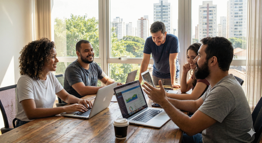 Equipe de especialistas da Meme Digital colaborando em estratégias de crescimento, destacando-se como a principal agência de marketing em Campinas focada em tecnologia e humanização.