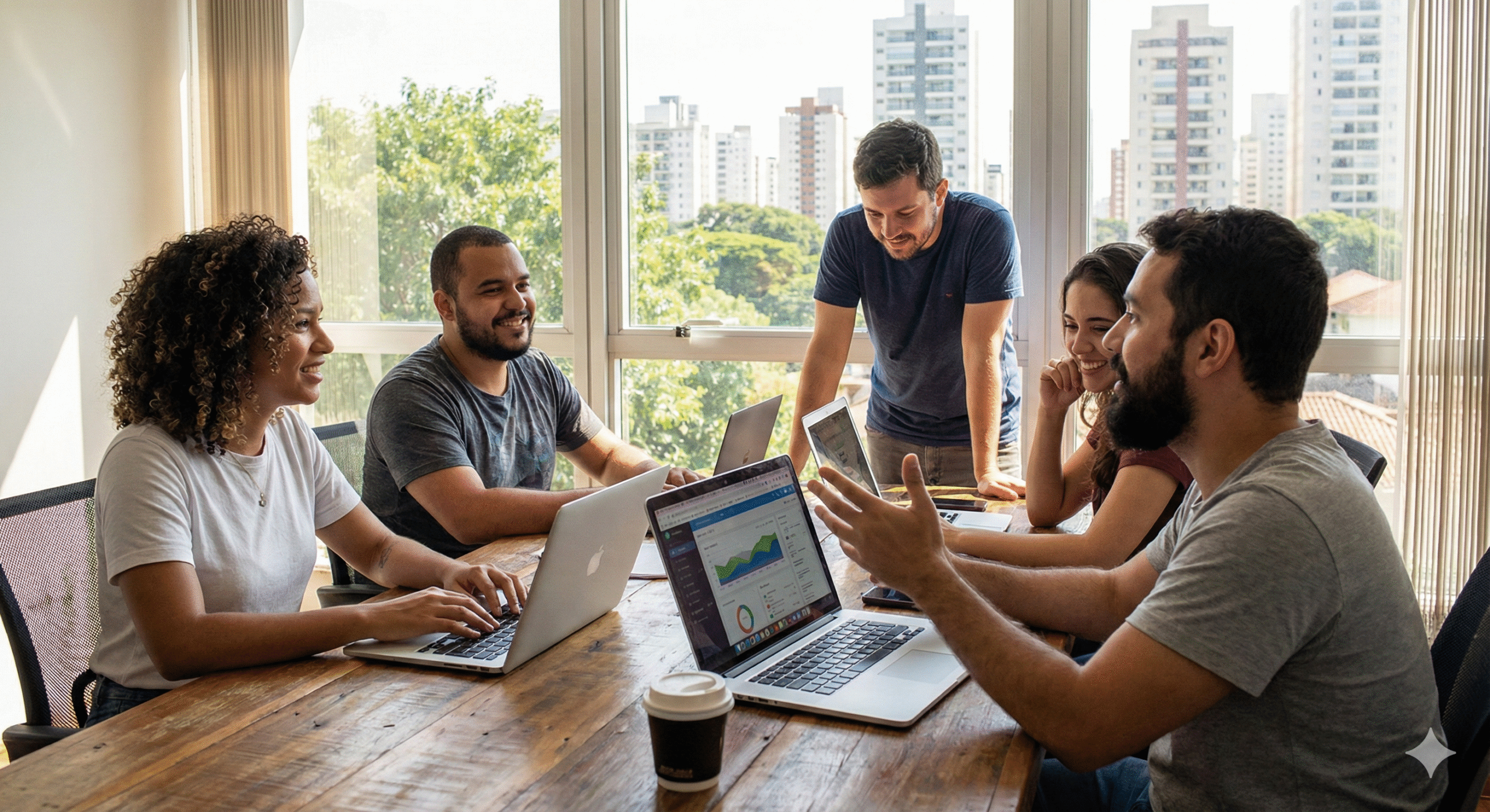 Equipe de especialistas da Meme Digital colaborando em estratégias de crescimento, destacando-se como a principal agência de marketing em Campinas focada em tecnologia e humanização.