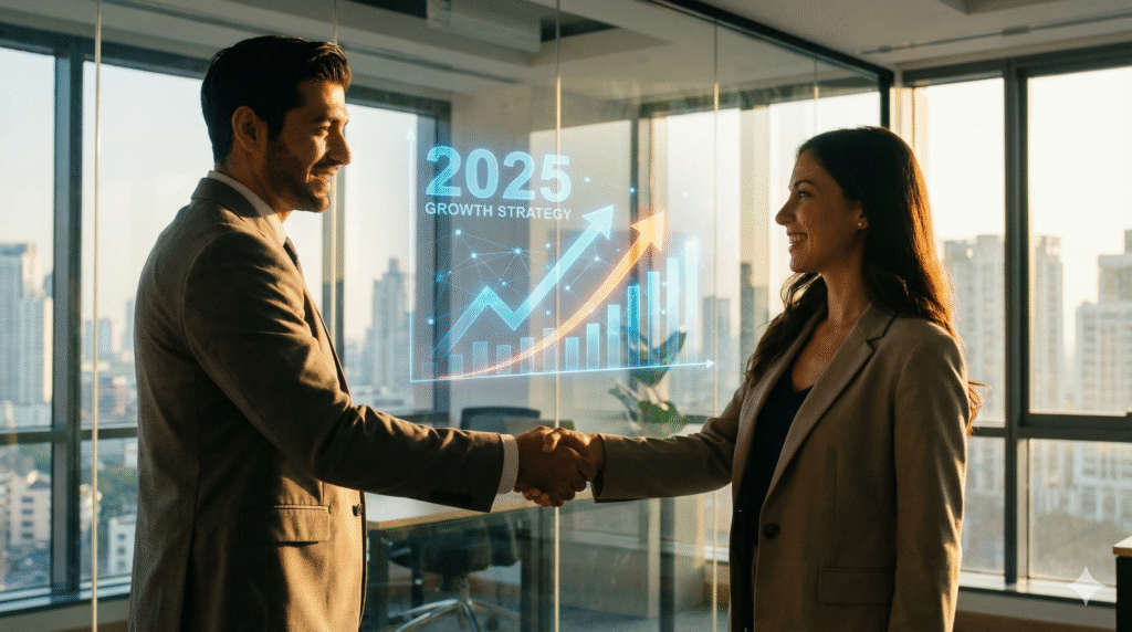 Aperto de mão entre profissionais com gráfico de crescimento 2025 ao fundo, ilustrando o processo de como escolher agência de marketing digital parceira.