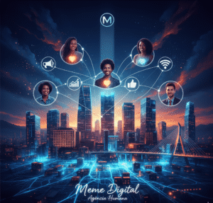 Imagem conceitual da Meme Digital, agência de marketing digital em São Paulo, mostrando a conexão de pessoas e tecnologia sobre o skyline da cidade.