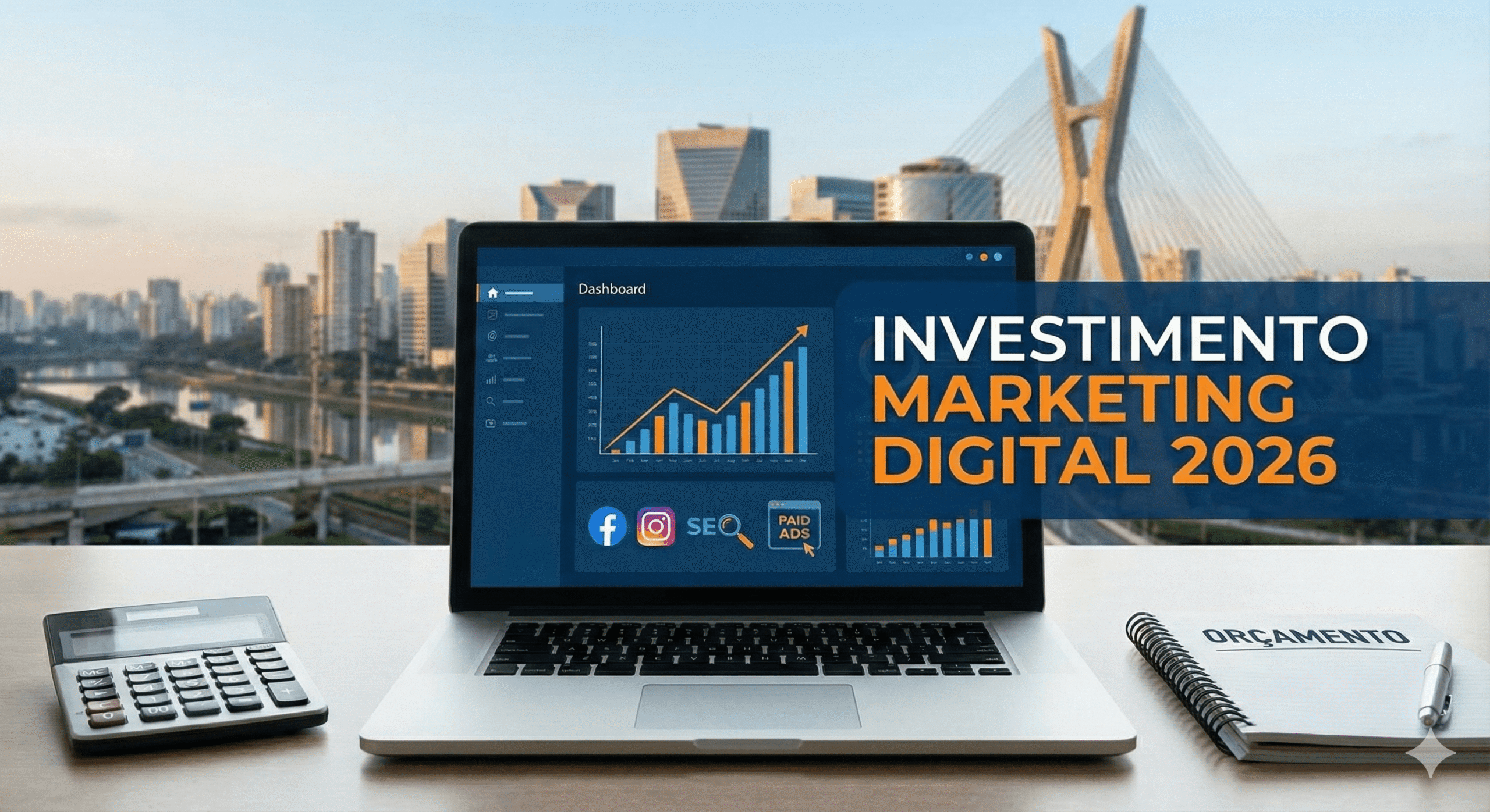 Laptop sobre uma mesa de escritório exibindo um painel de "Investimento Marketing Digital 2026" com gráficos de crescimento, ícones de redes sociais, SEO e anúncios pagos. Ao lado do laptop, há uma calculadora e um caderno com a palavra "ORÇAMENTO", ilustrando o planejamento de quanto custa uma agência de marketing digital. Ao fundo, a vista da cidade de São Paulo com a Ponte Estaiada.